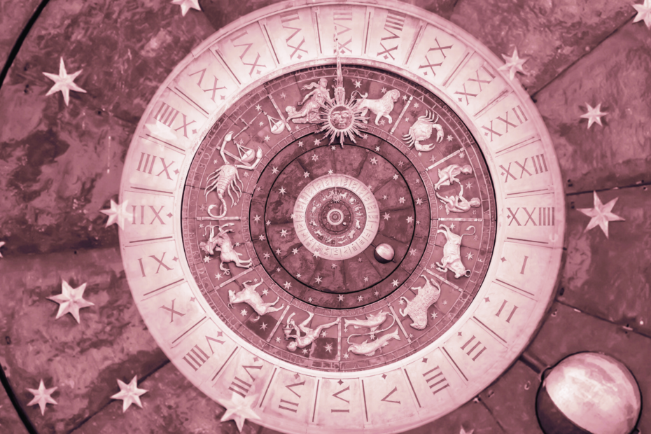 A rose toned banner featuring a clock life circle with symbols of all the zodiac signs