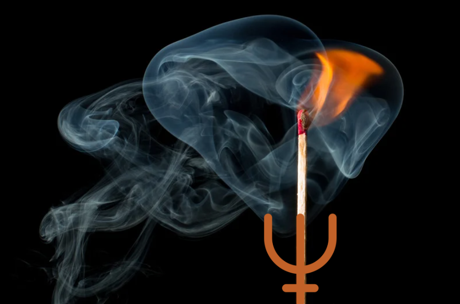 a lit match casts a swirl of smoke, the symbol for the planet uranus at it's base